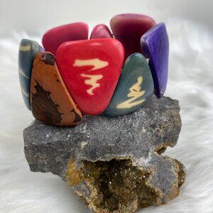 Chunky Natural Bright & Bold Colorful Stretch Tagua Nut Beads Bracelet